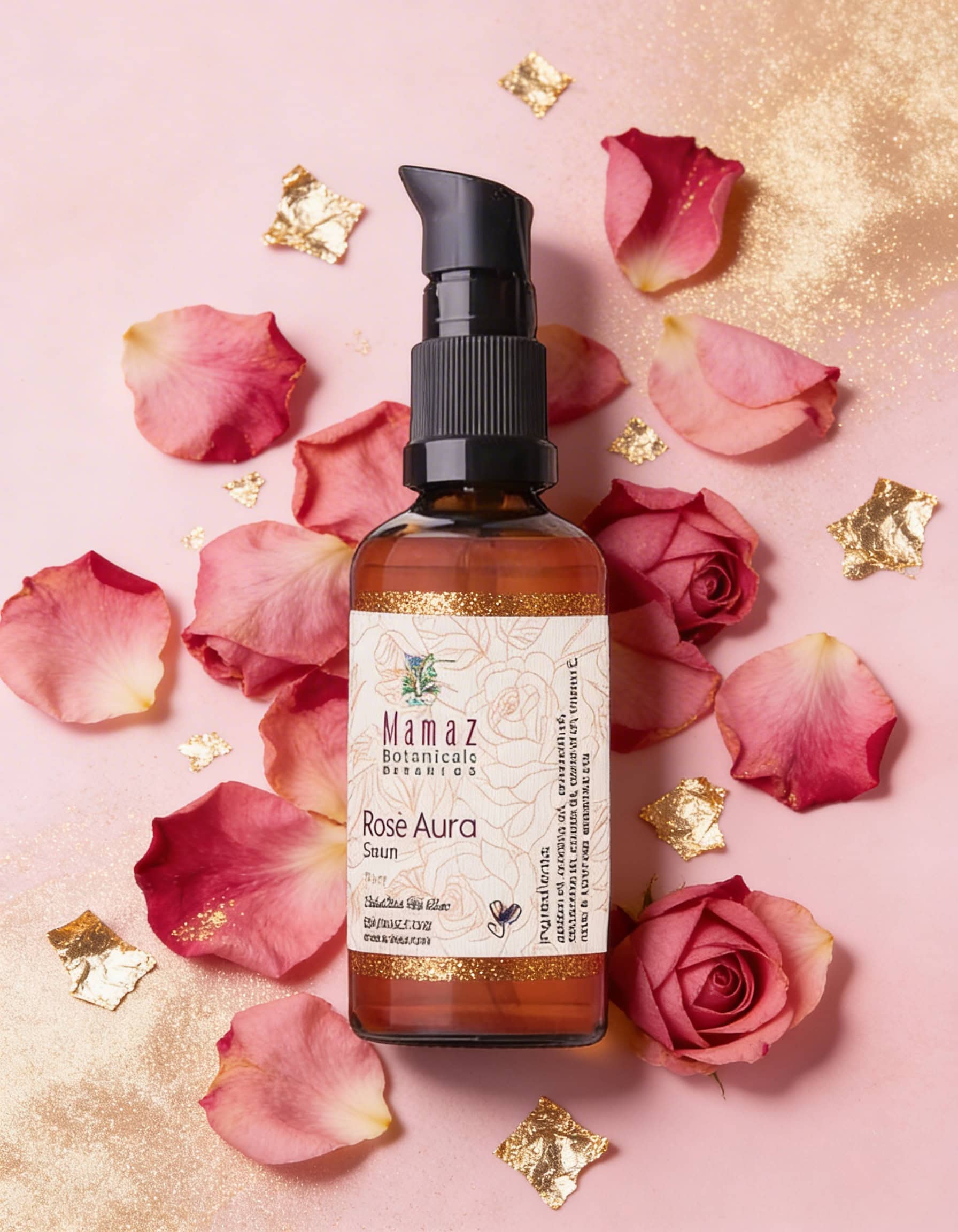 סרום שמן טבעי לעור הפנים עם תמציות ורדים, מתאים לטיפוח טבעי בעבודת יד.