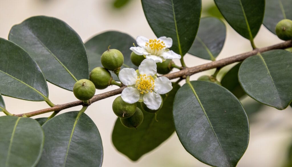 ענף Calophyllum inophyllum עם פרחים לבנים ופירות ירוקים — הצמח שממנו מופק שמן הטמאנו