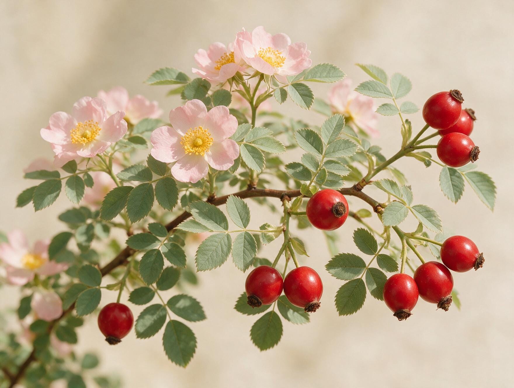 ענף Rosa canina עם פרחים ורודים בהירים ופירות ורד הבר אדומים