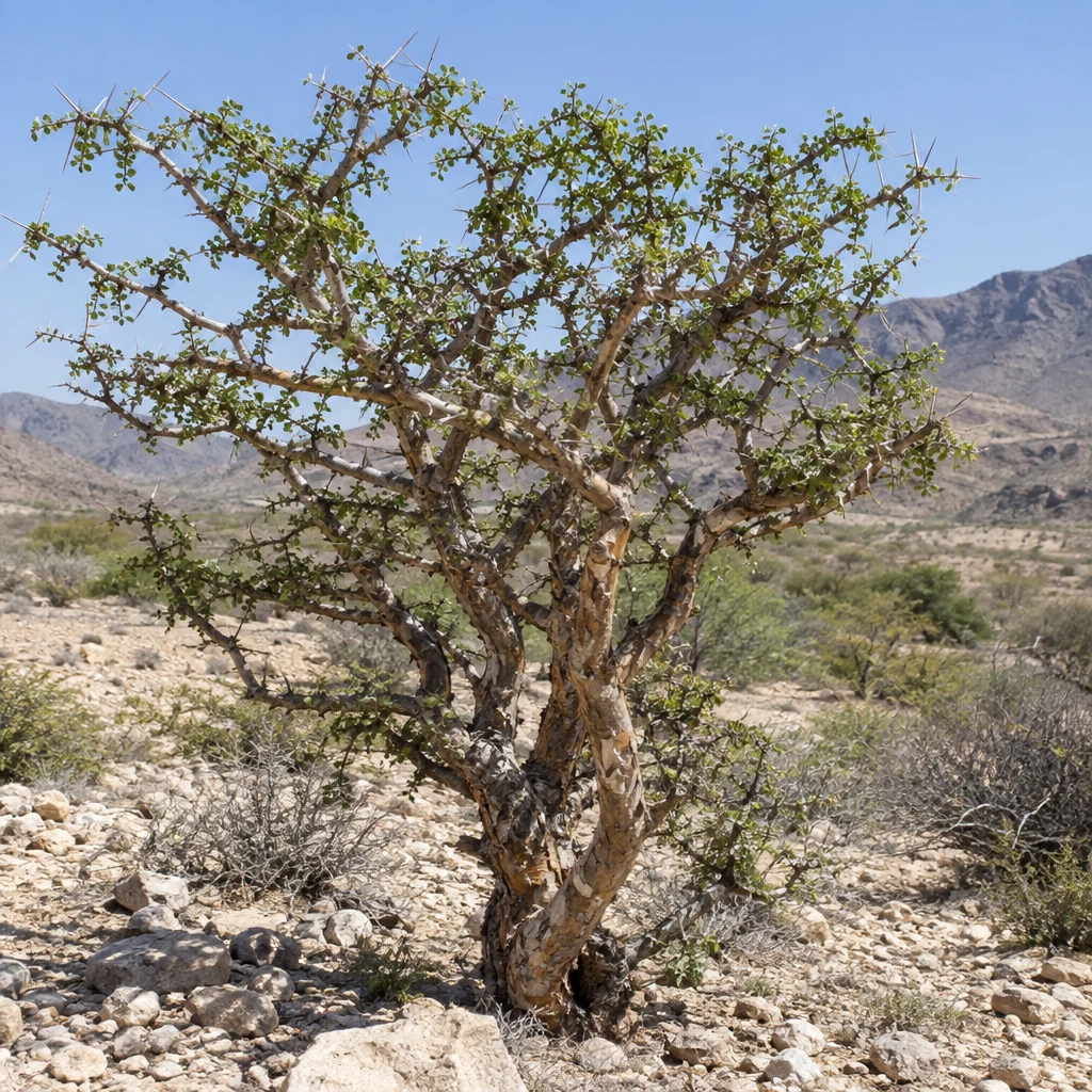 עץ מור (Commiphora myrrha) קוצני בשיחת מדבר יבשה בקרן אפריקה