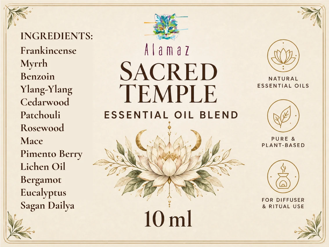התווית של Sacred Temple – תערובת שמנים אתריים 10 מ"ל, עם רשימת הרכיבים