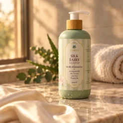 בקבוק שמפו Silk Fairy של Alamaz על משטח שיש רטוב באור בוקר
