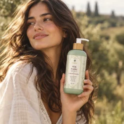 אישה מחזיקה בקבוק שמפו Silk Fairy של Alamaz בטבע